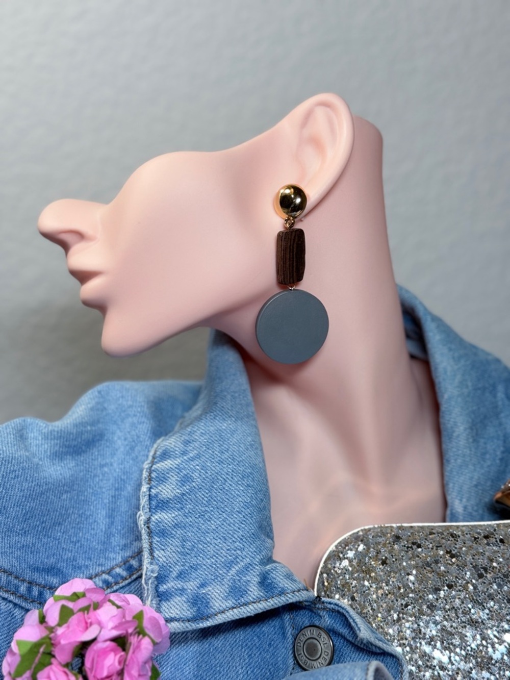 Gold and Gray Drop Earrings with Brown Accent